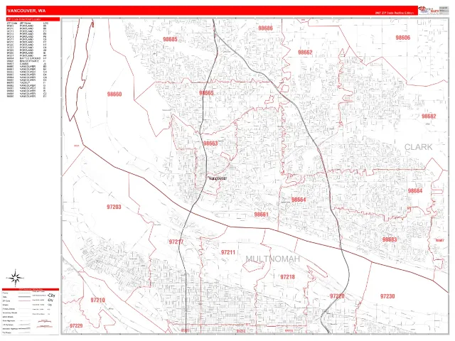 Vancouver, WA ZIP Code Wall Map, RedLine style