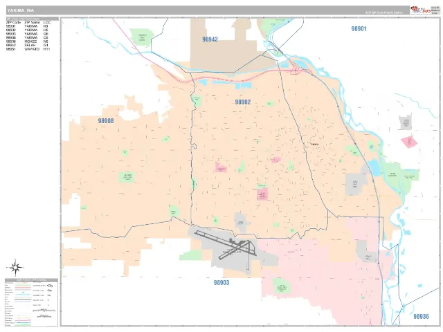 Yakima, WA ZIP Code Wall Map, Classic style