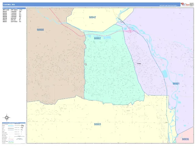 Yakima, WA ZIP Code Wall Map, ColorCast style