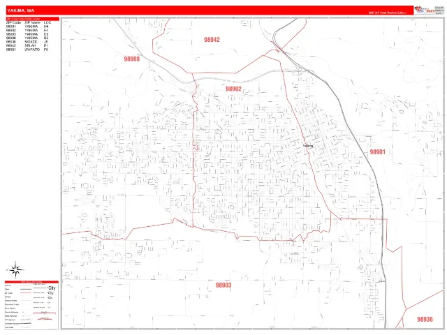 Yakima, WA ZIP Code Wall Map, RedLine style