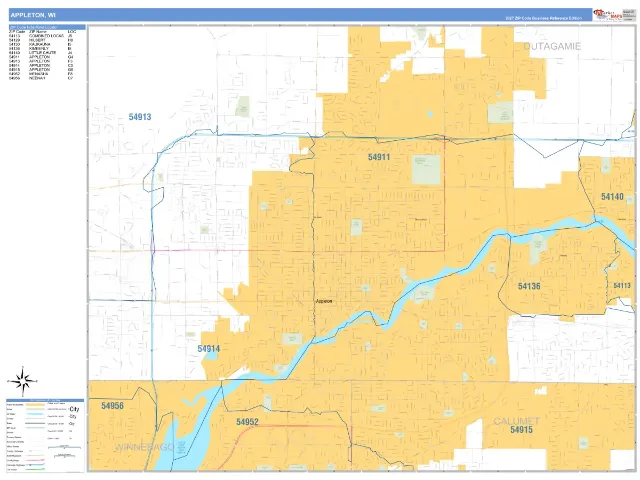 Appleton, WI ZIP Code Wall Map, Business Reference style