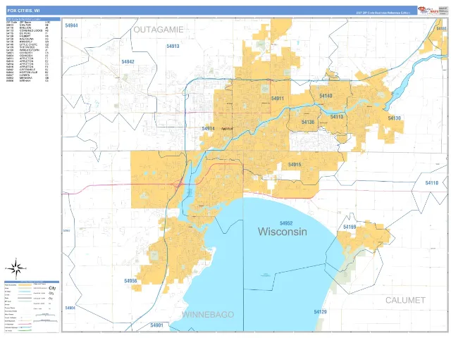 Fox Cities, WI ZIP Code Wall Map, Business Reference style