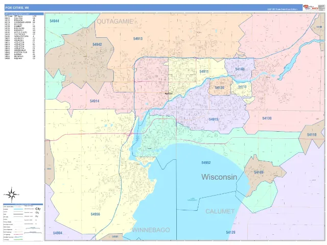 Fox Cities, WI ZIP Code Wall Map, ColorCast style