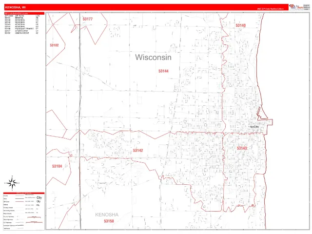 Kenosha, WI ZIP Code Wall Map, RedLine style
