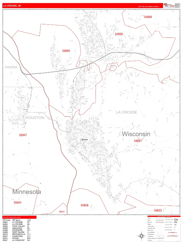 La Crosse, WI ZIP Code Wall Map, RedLine style