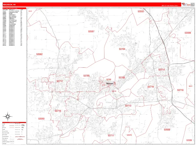 Madison, WI ZIP Code Wall Map, RedLine style