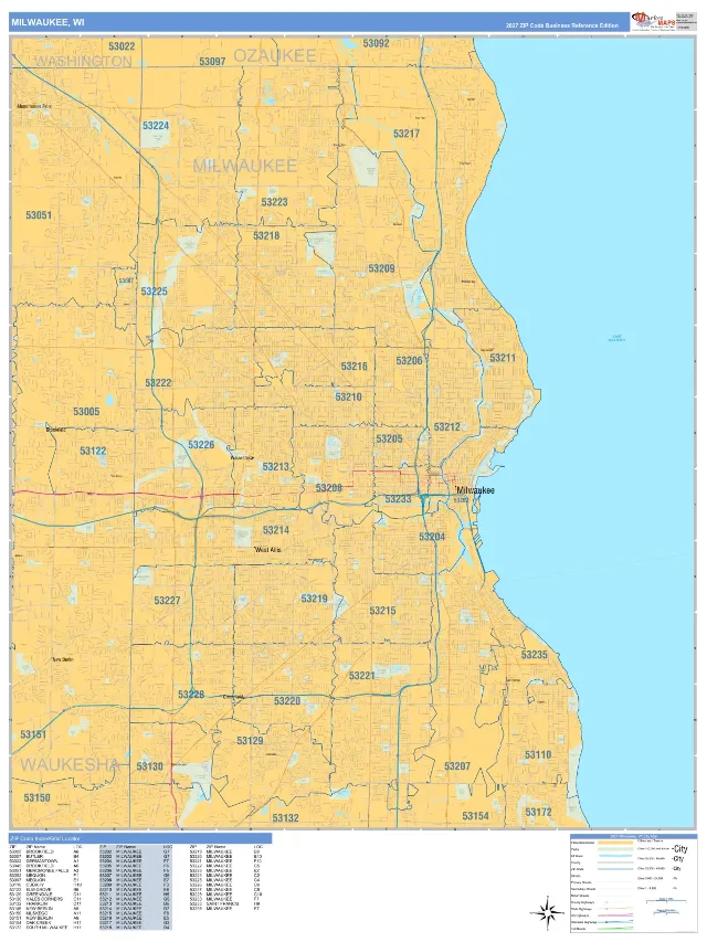 Milwaukee, WI ZIP Code Wall Map, Business Reference style
