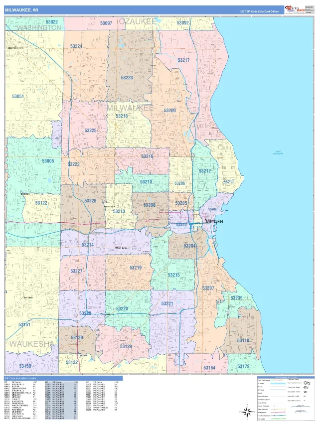 Milwaukee, WI ZIP Code Wall Map, ColorCast style