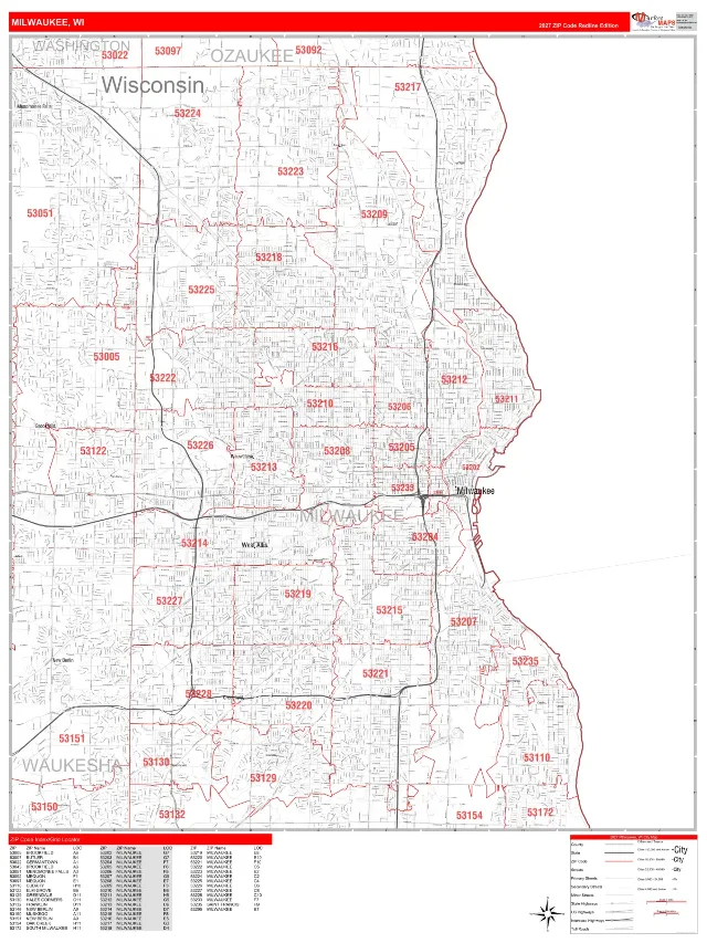 Milwaukee, WI ZIP Code Wall Map, RedLine style