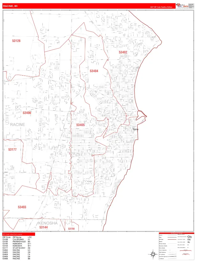 Racine, WI ZIP Code Wall Map, RedLine style