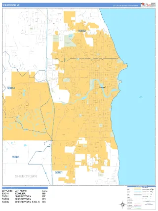 Sheboygan, WI Business Reference style ZIP Code wall map