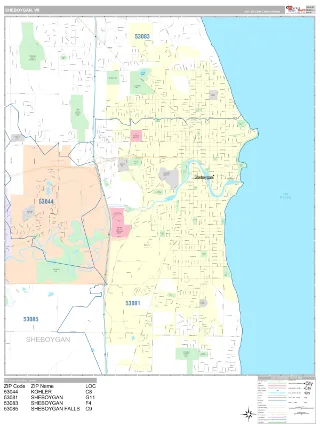 Sheboygan, WI Classic style ZIP Code wall map
