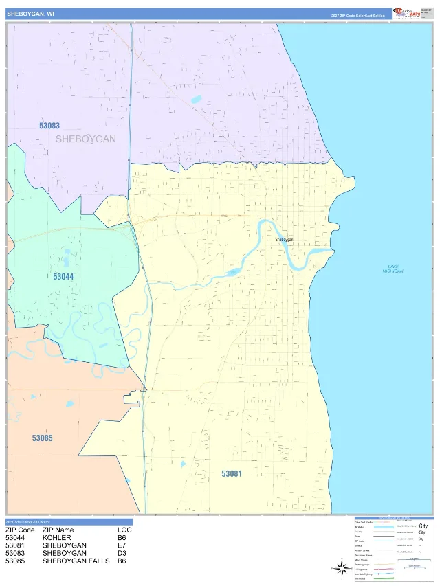 Sheboygan, WI ZIP Code Wall Map, ColorCast style