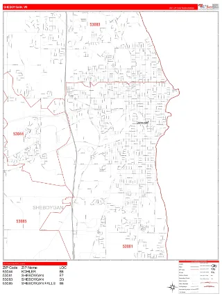 Sheboygan, WI RedLine style ZIP Code wall map