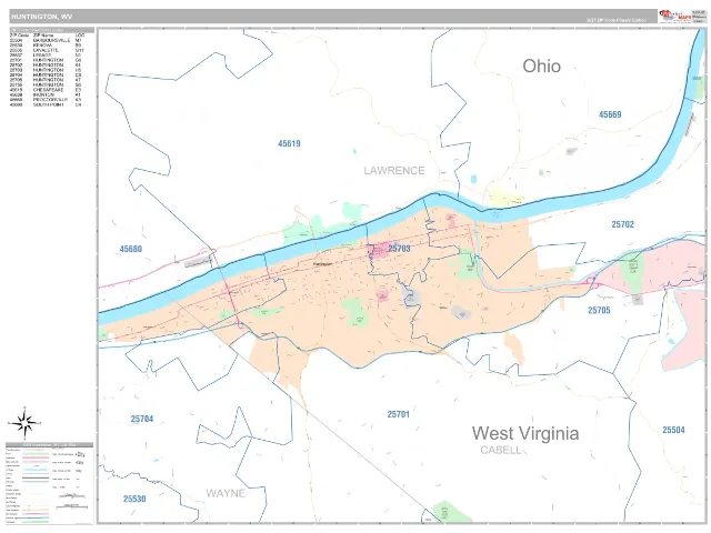 Huntington, WV ZIP Code Wall Map, Classic style