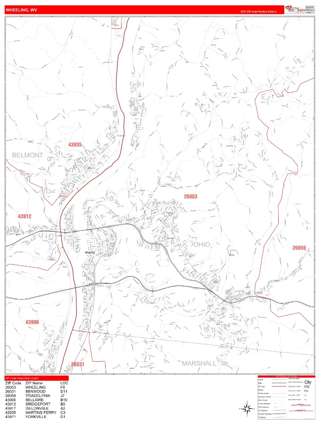 Wheeling, WV ZIP Code Wall Map, RedLine style
