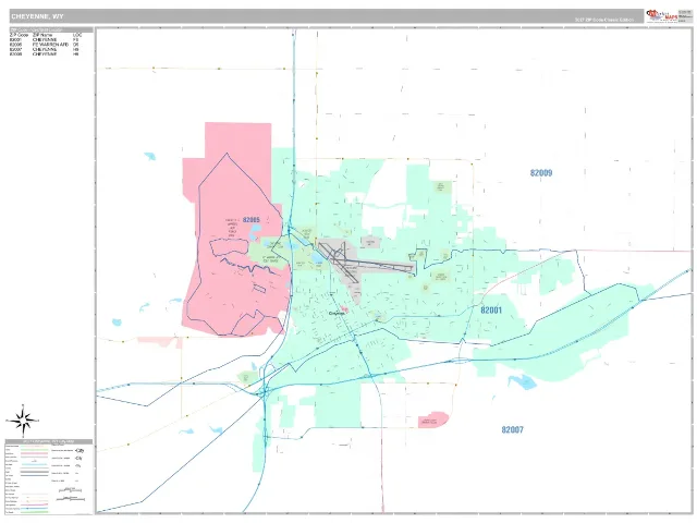 Cheyenne, WY ZIP Code Wall Map, Classic style