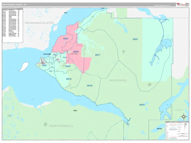 Anchorage County, AK ZIP Code Wall Map, Classic style