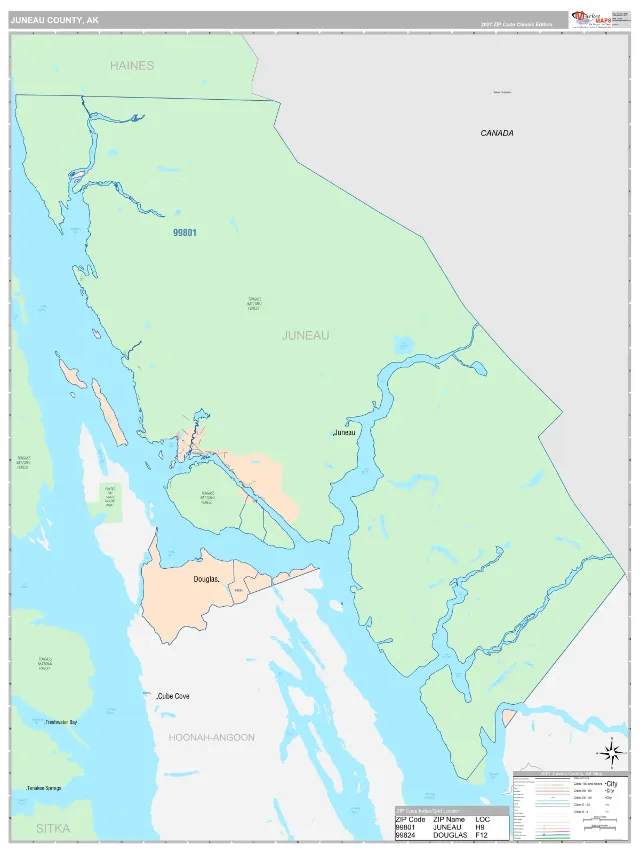 Juneau County, AK ZIP Code Wall Map, Classic style