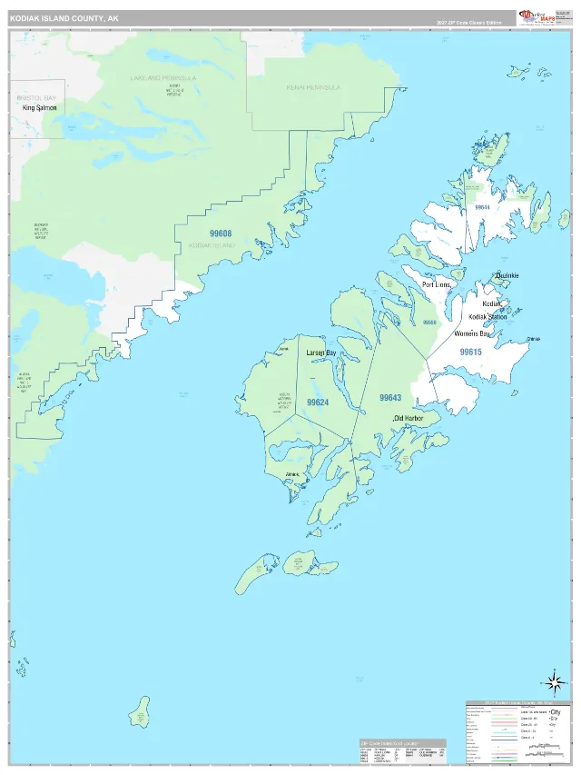 Kodiak Island County, AK ZIP Code Wall Map, Classic style
