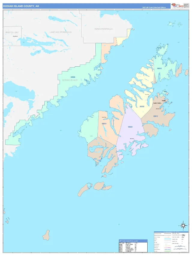 Kodiak Island County, AK ZIP Code Wall Map, ColorCast style