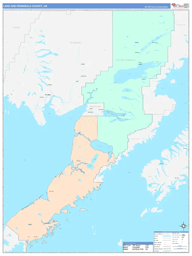 Lake and Peninsula County, AK ZIP Code Wall Map, ColorCast style
