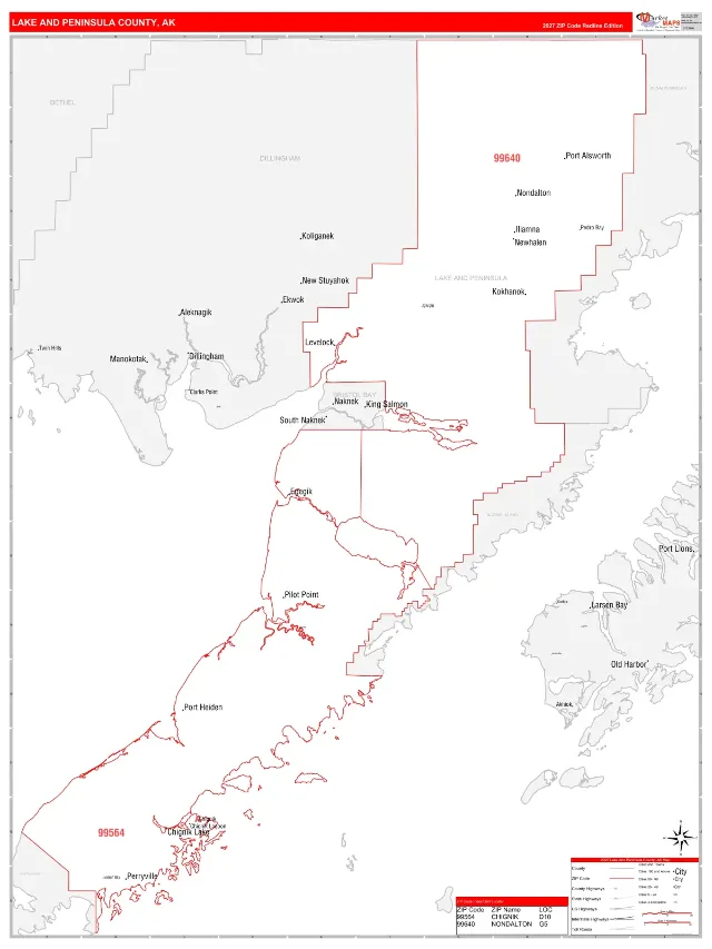 Lake and Peninsula County, AK ZIP Code Wall Map, RedLine style