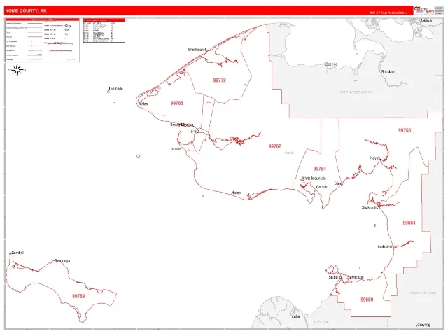 Nome County, AK ZIP Code Wall Map, RedLine style
