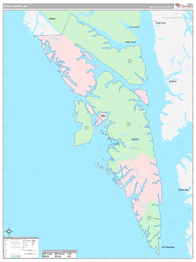 Sitka County, AK ZIP Code Wall Map, Classic style