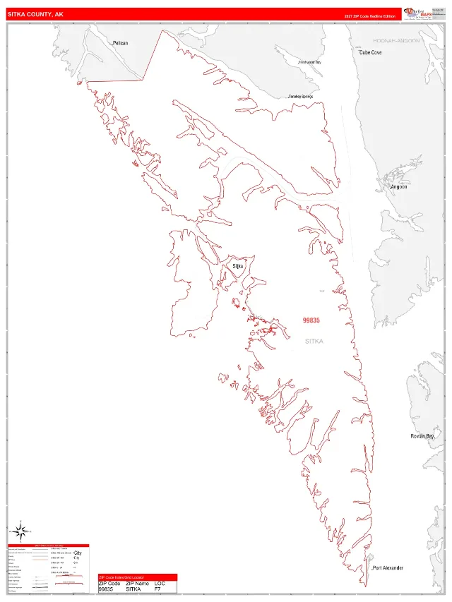 Sitka County, AK ZIP Code Wall Map, RedLine style