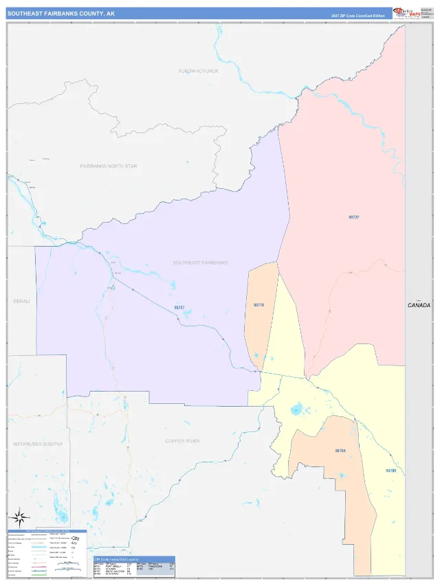 Southeast Fairbanks County, AK ZIP Code Wall Map, ColorCast style