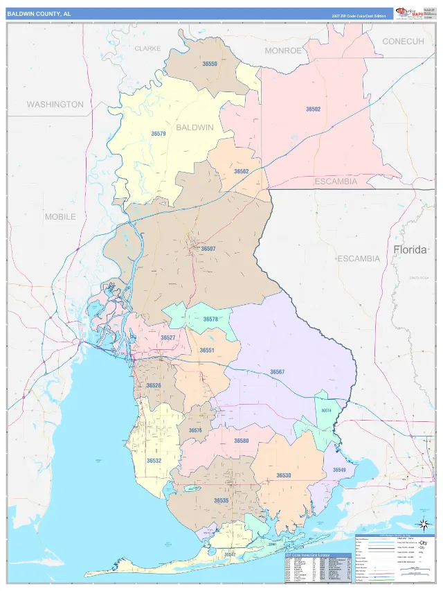 Baldwin County, AL ZIP Code Wall Map, ColorCast style