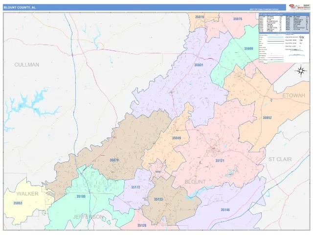 Blount County, AL ZIP Code Wall Map, ColorCast style