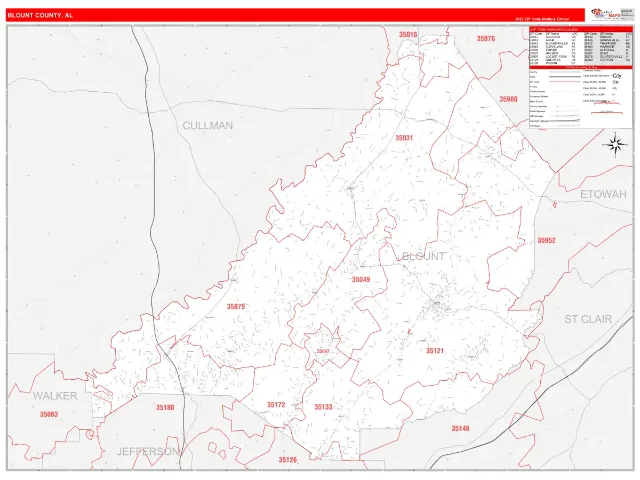 Blount County, AL ZIP Code Wall Map, RedLine style