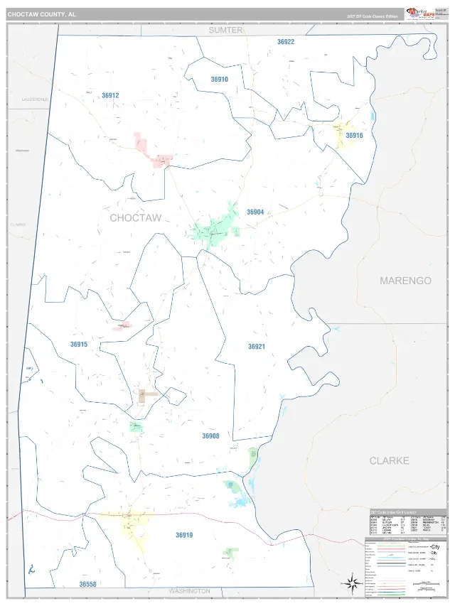 Choctaw County, AL ZIP Code Wall Map, Classic style