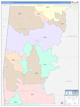 Choctaw County, AL ColorCast style ZIP Code wall map