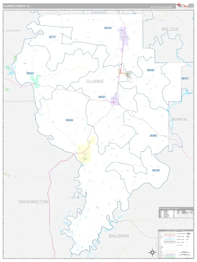 Clarke County, AL ZIP Code Wall Map, Classic style