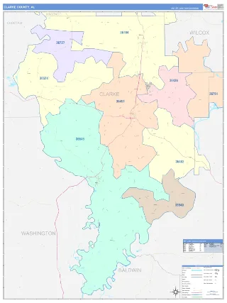 Clarke County, AL ColorCast style ZIP Code wall map
