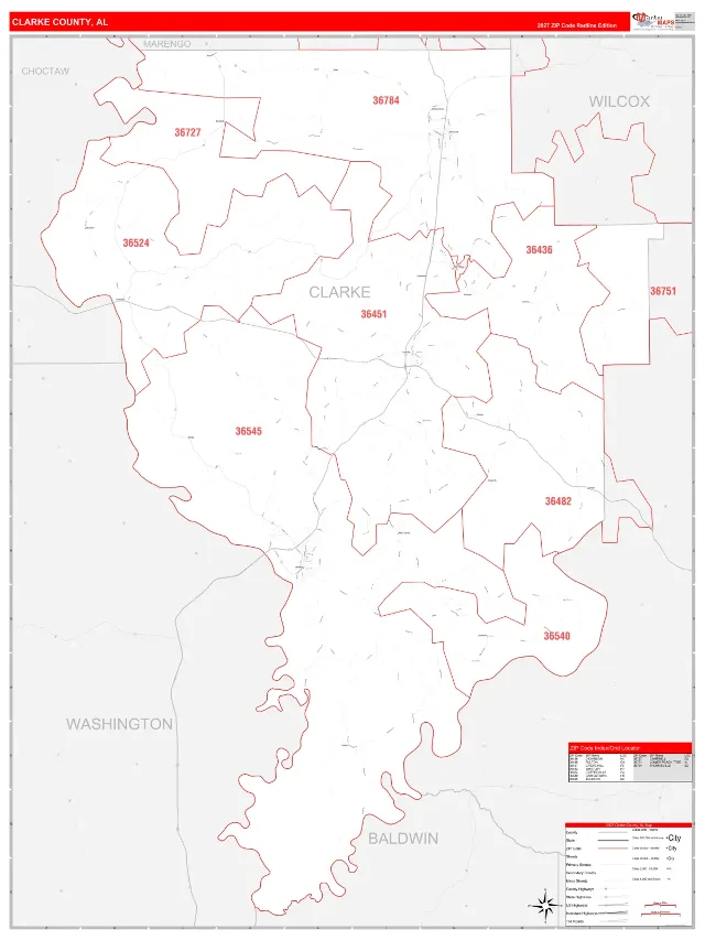 Clarke County, AL ZIP Code Wall Map, RedLine style