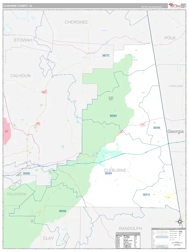 Cleburne County, AL ZIP Code Wall Map, Classic style