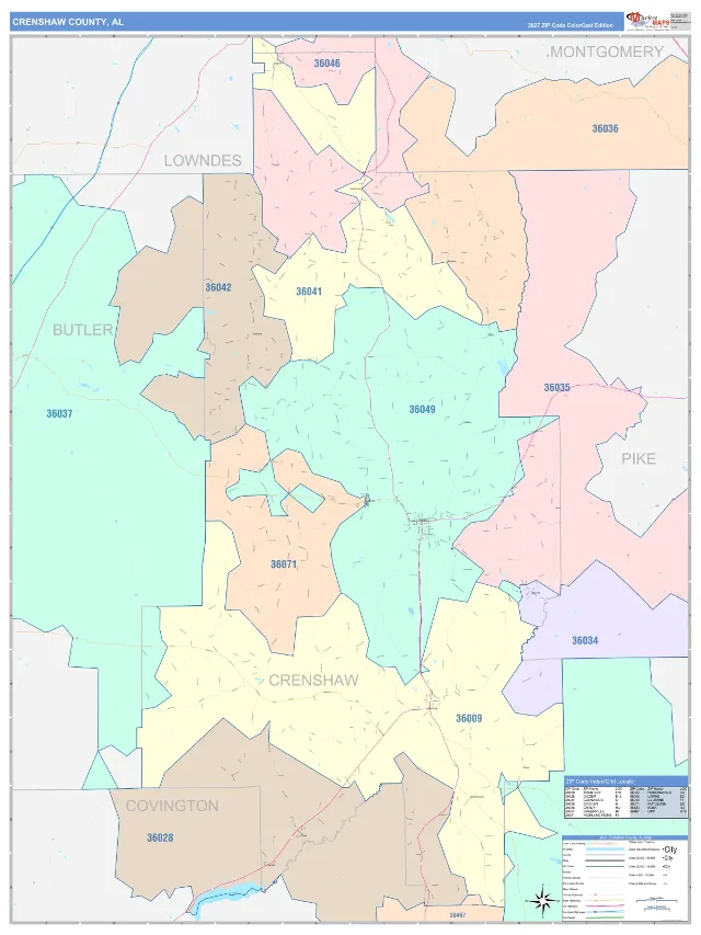 Crenshaw County, AL ZIP Code Wall Map, ColorCast style