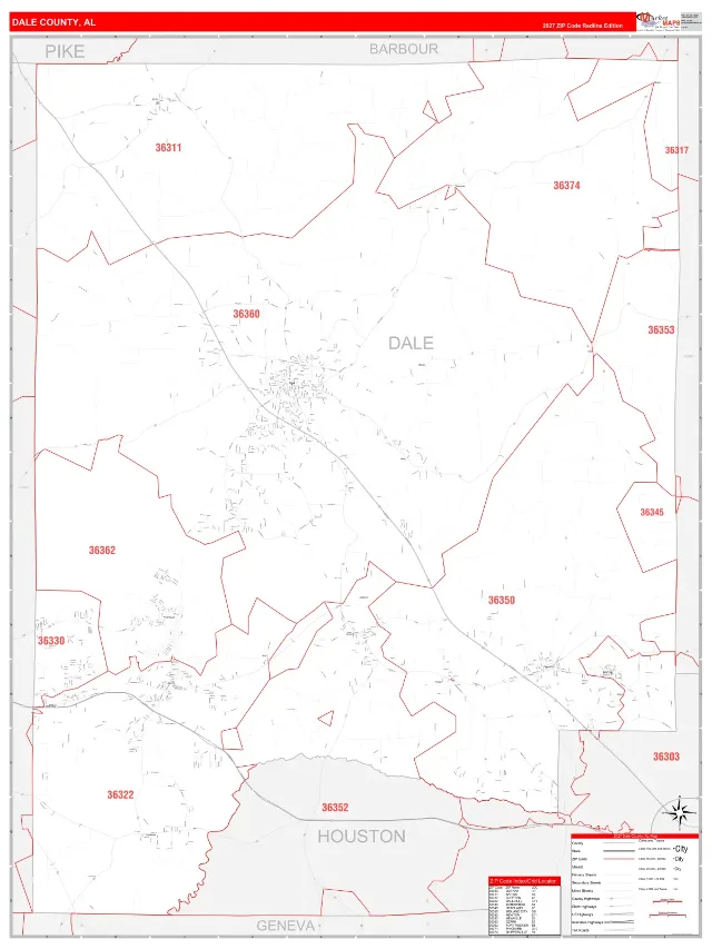 Dale County, AL ZIP Code Wall Map, RedLine style