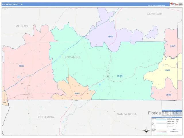 Escambia County, AL ZIP Code Wall Map, ColorCast style