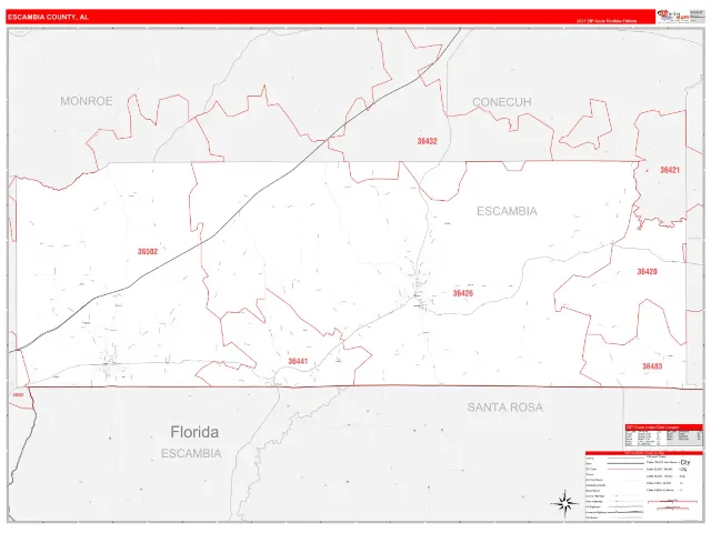 Escambia County, AL ZIP Code Wall Map, RedLine style