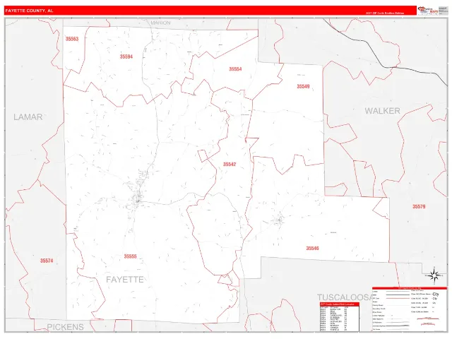 Fayette County, AL ZIP Code Wall Map, RedLine style