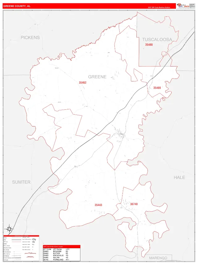 Greene County, AL ZIP Code Wall Map, RedLine style