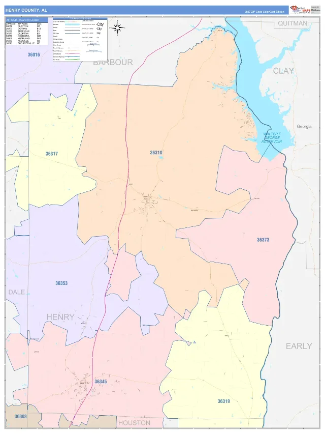 Henry County, AL ZIP Code Wall Map, ColorCast style