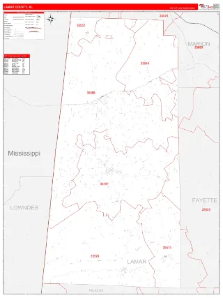 Lamar County, AL RedLine style ZIP Code wall map