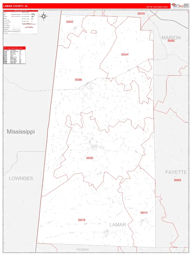 Lamar County, AL ZIP Code Wall Map, RedLine style