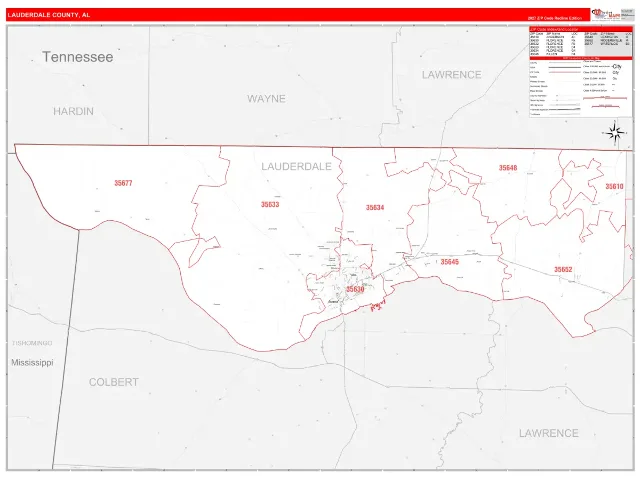 Lauderdale County, AL ZIP Code Wall Map, RedLine style